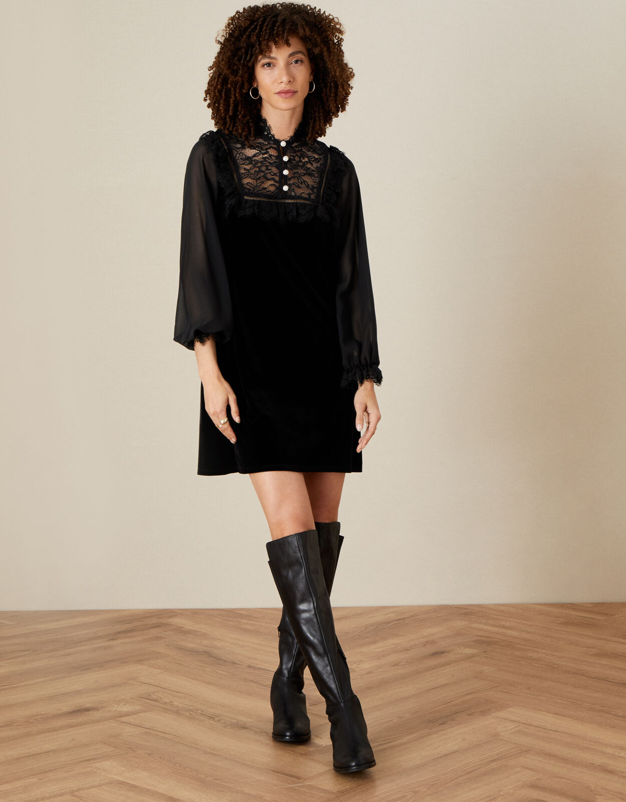 Bianca Lace Bib Velvet Dress Black | Casual \u0026 Day Dresses | Monsoon Global.